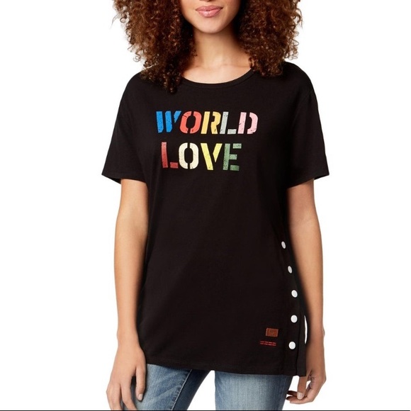 NWT PEACE LOVE WORLD GRAPHIC SIDE-SNAP S-M-L - Picture 1 of 4